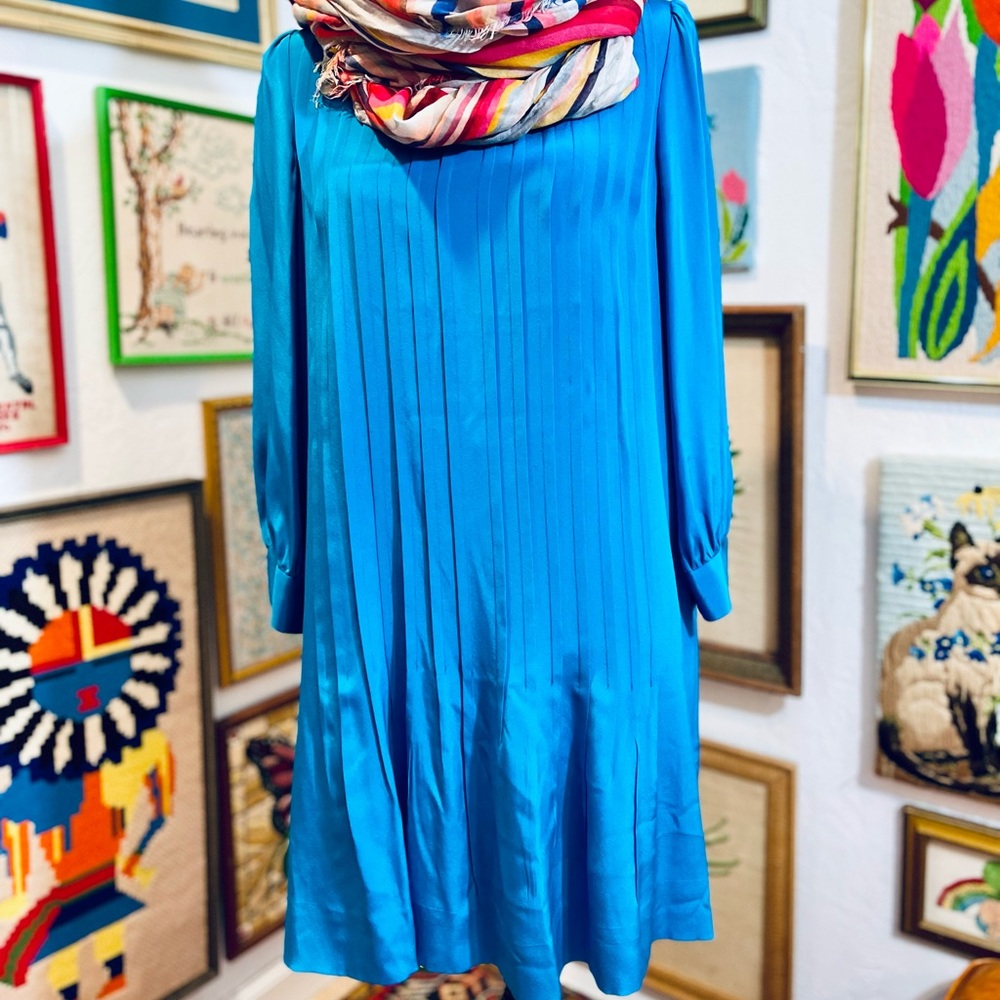 Kate Spade Dress Turquoise Blue Silk Pleats Shift Mini Party Office Work Dress.
